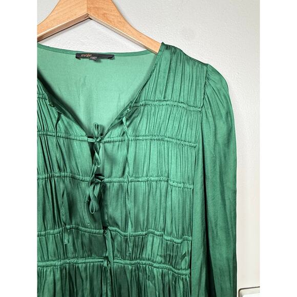 Maje Green Shirred Satin Holiday Mini Dress size 36/4 US $375 - Picture 12 of 12